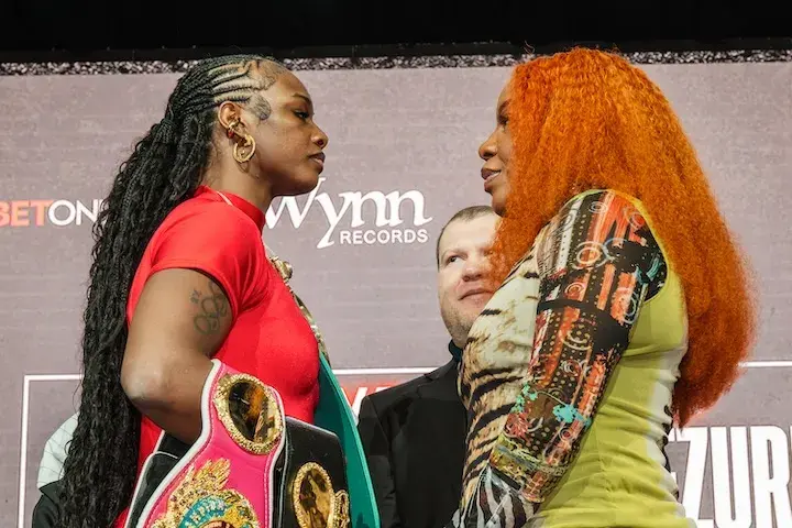 Claressa Shields (left) stares down Franchon Crews Dezurn (right) at a Press Conference on January 23, 2026