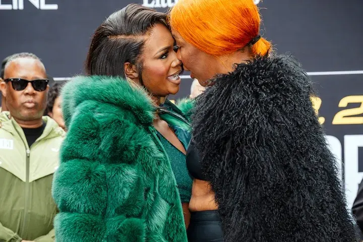 Claressa Shields (left) and Franchon Crews-Dezurn face off at the weigh-in for their rematch. (February 21, 2026)