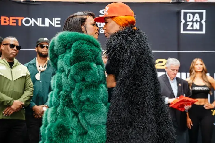 Claressa Shields (left) and Franchon Crews-Dezurn face off at the weigh-in for their rematch. (February 21, 2026)