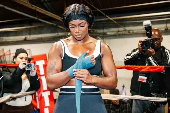 Claressa Shields at the media workout on February 20, 2026, for her rematch with Franchon Crews-Dezurn.