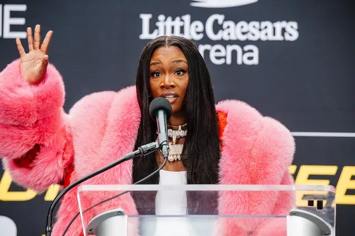 Claressa Shields at the press conference for her rematch with Franchon Crews-Dezurn on February 19, 2026.