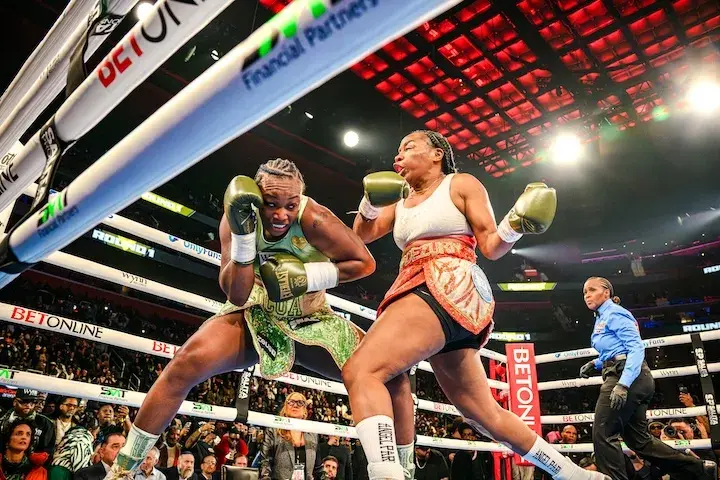Claressa Shields (left) evades a punch from Franchon Crews-Dezurn (right). (Febraury 22, 2026)