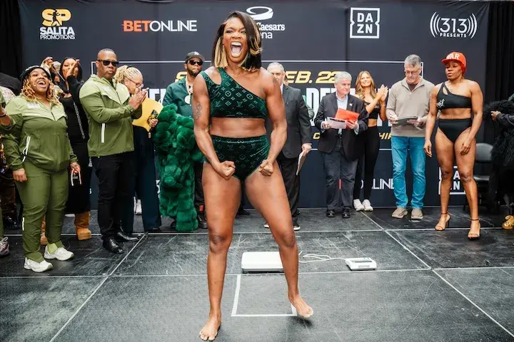 Claressa Shields at the weigh-in for her rematch with Franchon Crews-Dezurn. (February 21, 2026)