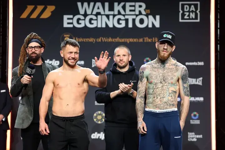 Conah Walker (left) and Conah Walker pose for the media at the weigh-in. (May 1, 2026)