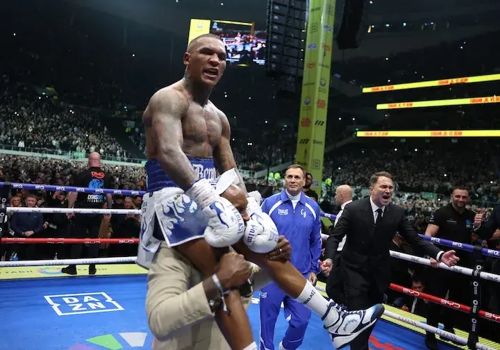 Conor Benn is lifted in the air after defeating Chris Eubank Jnr in their rematch on November 15, 2025.