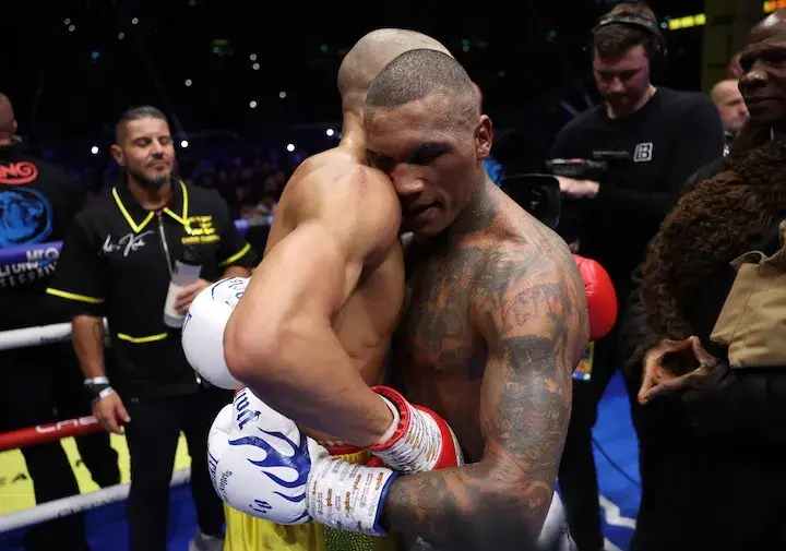 Conor Benn (right) and Chris Eubank Jnr embrace after their rematch on November 15, 2025.