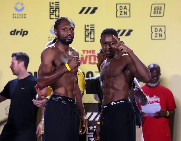 Craig Richards and Dan Azeez stand next to each other at the weigh-in on December 19, 2025.