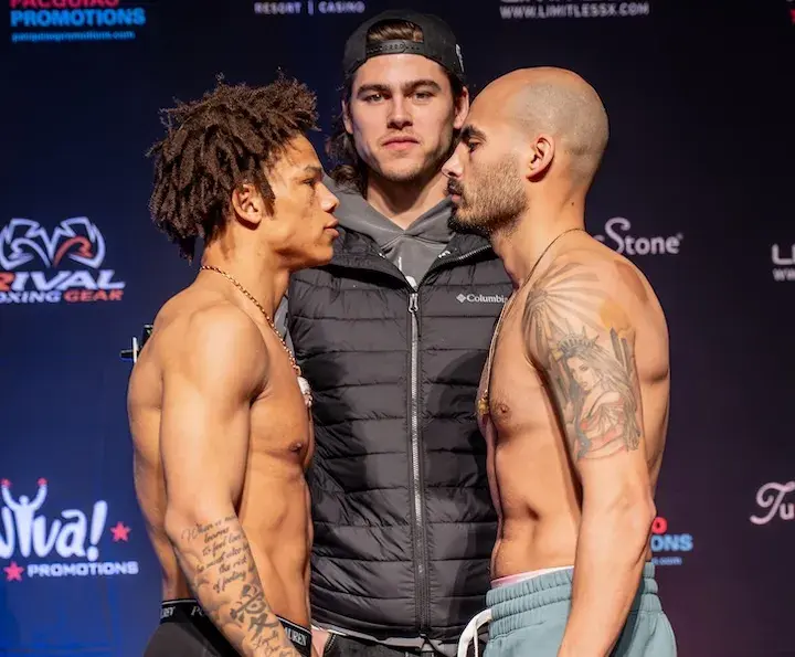 Curmel Moton (left) and Wilfredo Flores (right) face off after making weight. (February 27, 2026)
