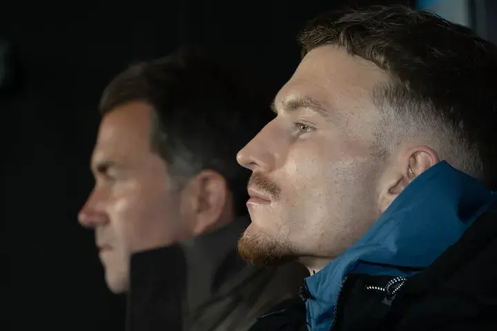 Dalton Smith (foreground) pictured with promoter Eddie Hearn at a press conference on January 8, 2026, ahead of Smith's fight against Subriel Matias.