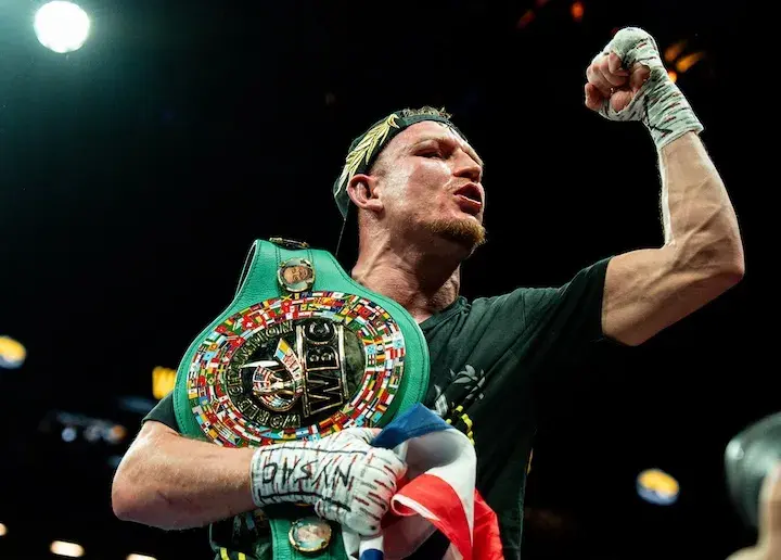 Dalton Smith holds the WBC junior welterweight world title shortly after winning it from Subriel Matias on January 10, 2026.