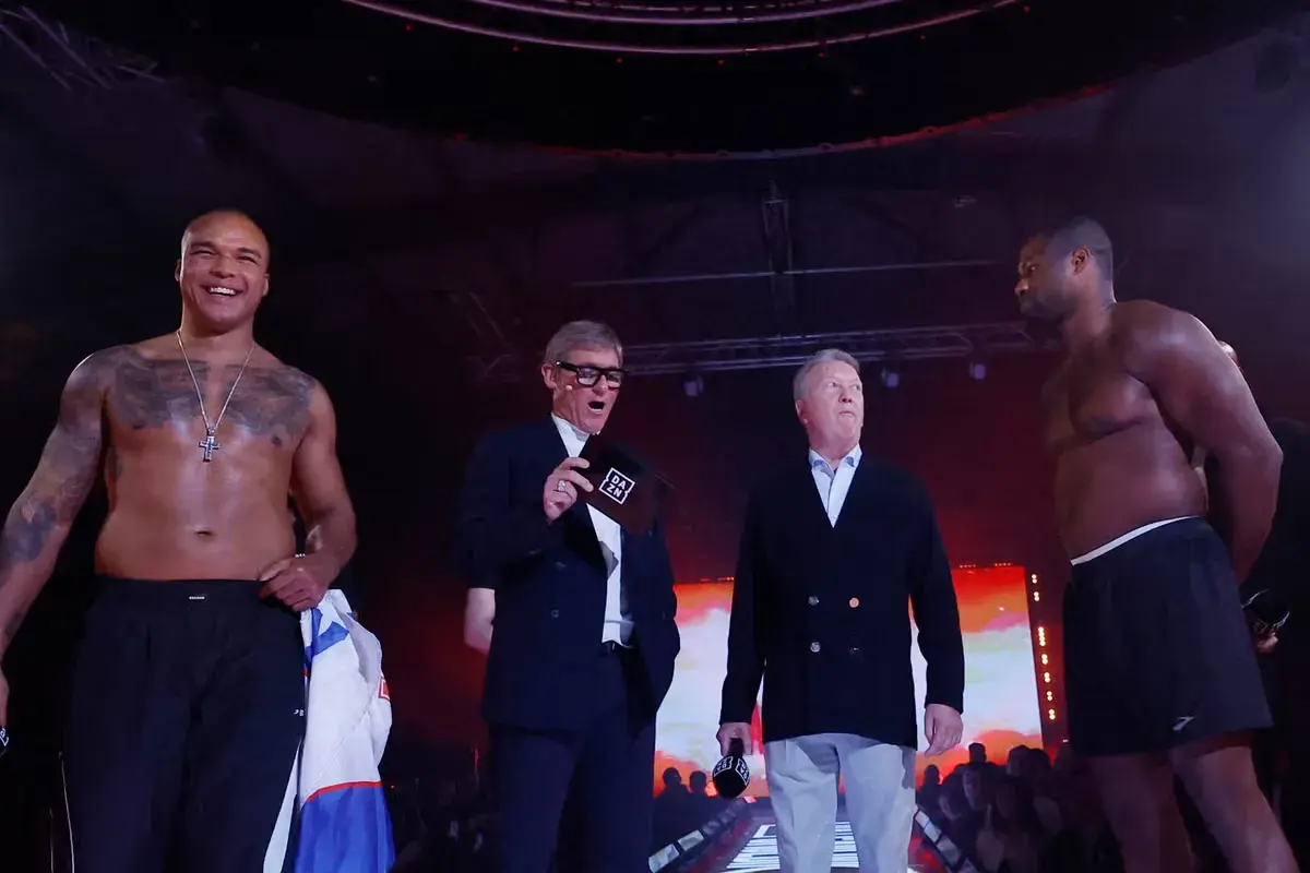 Fabio Wardley is amused while Simon Jordan, second from left, asks some daft questions the day before battle with Daniel Dubois