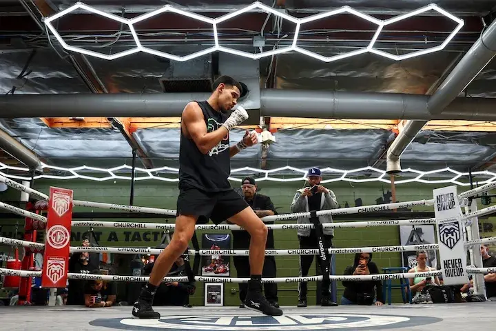 Diego Pacheco works out for media ahead of a December 2025 boxing match with Kevin Lele Sadjo.