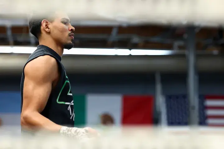 Diego Pacheco is pictured in the ring at a media workout on December 11, 2025, ahead of his boxing match with Kevin Lele Sadjo.