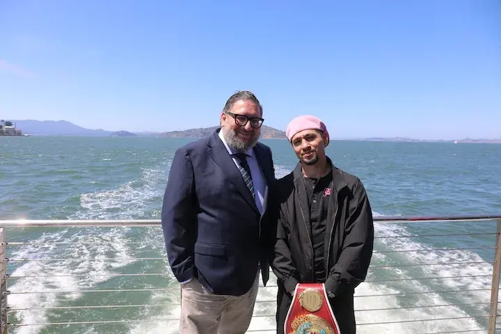Ed Pereira (left) and flyweight titleholder Anthony Olascuaga at a media event in San Francisco ahead of Olascuaga's defense against Andy Dominguez. (May 7, 2026)