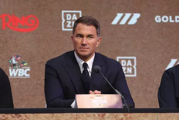 Eddie Hearn at the London press conference for Oleksandr Usyk-Rico Verhoeven. (April 14, 2026)