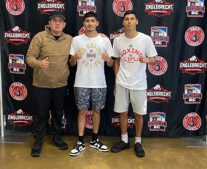 Eddy Reynoso (left), Xavier Bocanegra (middle) and Ranulfo "Ray" Bocanegra (right) pose before their weigh-in. (December 5, 2024)