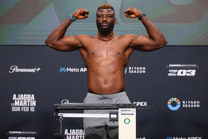 Efe Ajagba makes weight for his fight against Charles Martin on February 14, 2026.