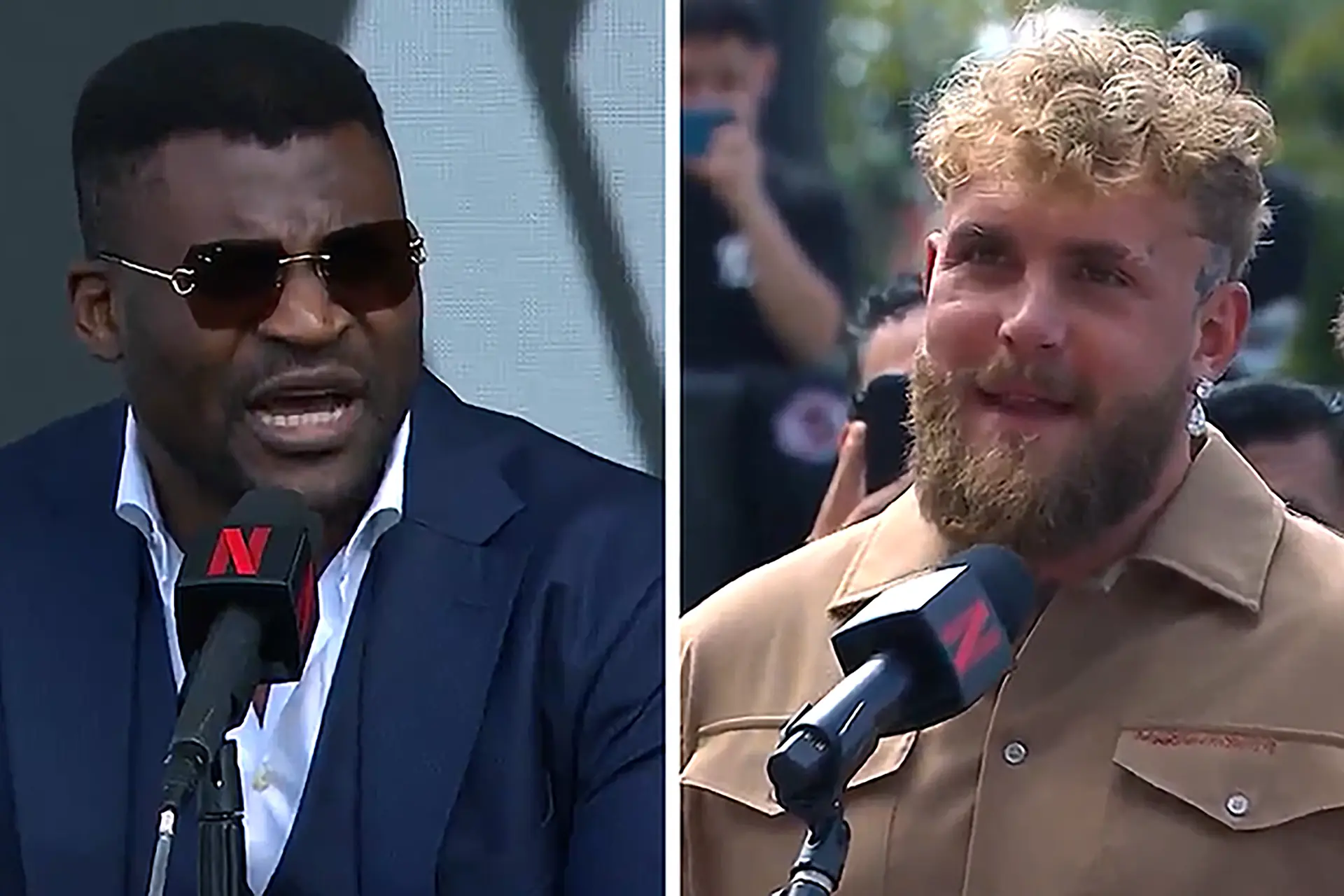 Francis Ngannou and JakePaul trade barbs during March 10, 2026 Netflix press conference in Los Angeles to formally announce MVP's MMA debut show, May 16 on Netflix.