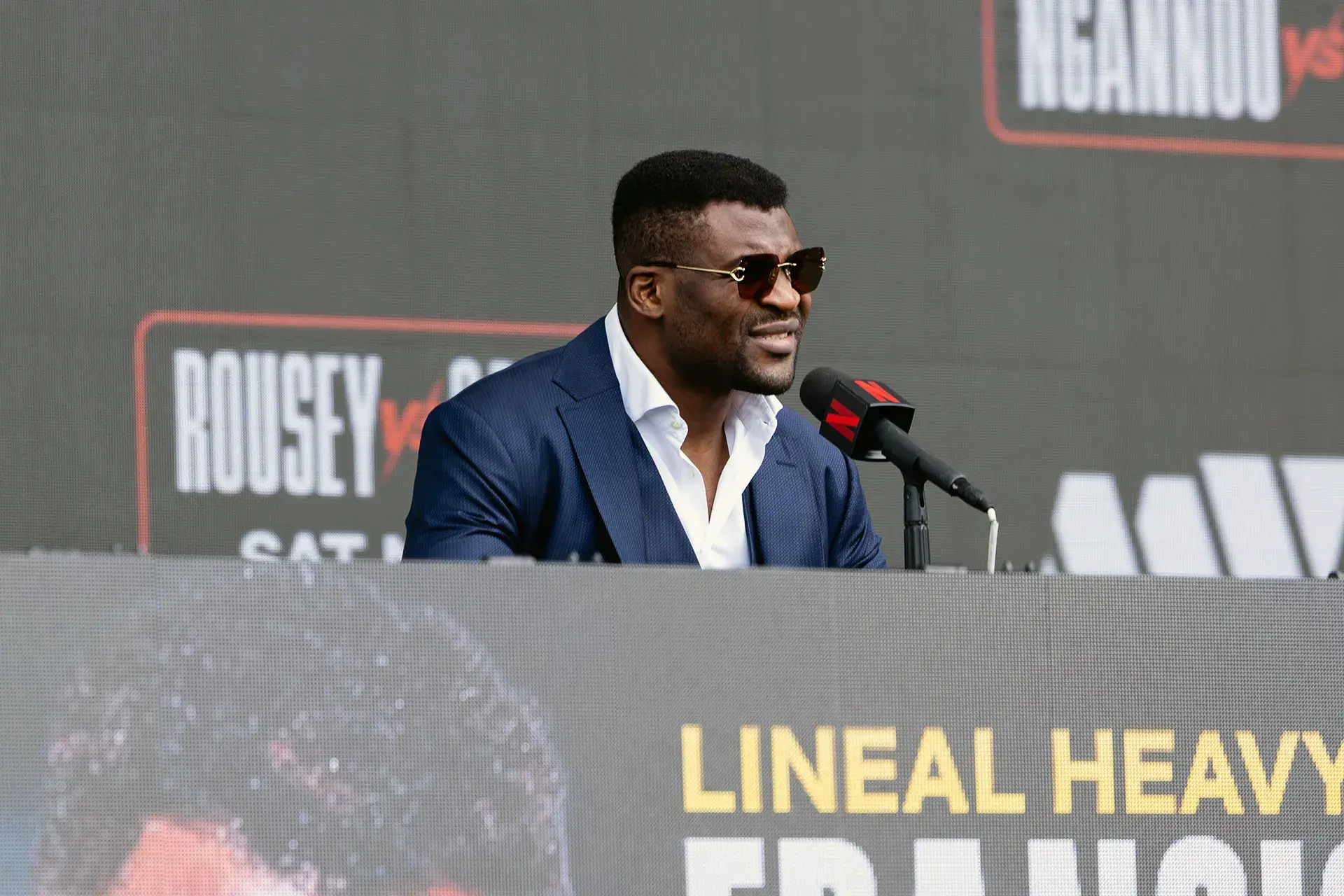 Francis Ngannou fields a question during a March 10, 2026 press conference for his May 16 fight with Philipe Lins.