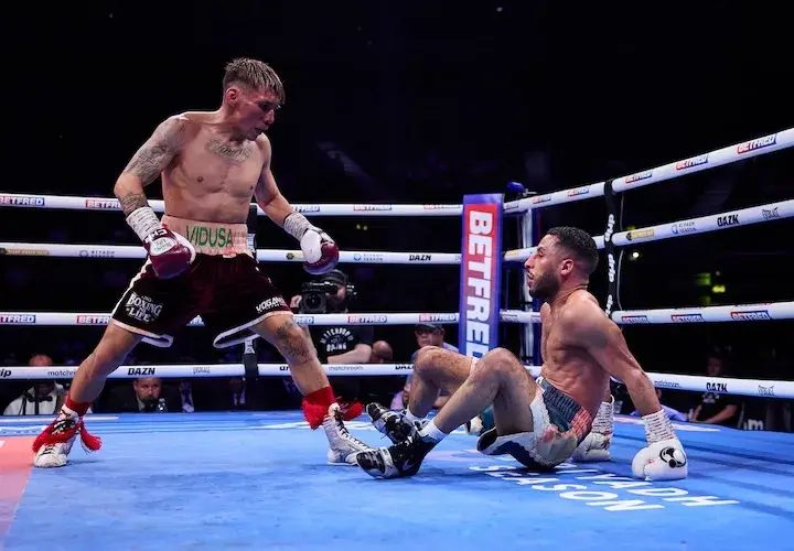 Francisco Rodriguez Jnr stands over a fallen Galal Yafai during their fight on June 21, 2025.