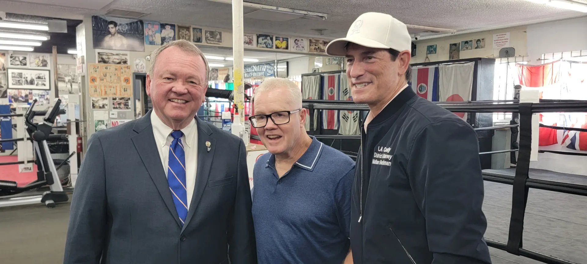 Freddie Roach with LAPD chief Jim McDonnell and LA County DA Nathan Hochman