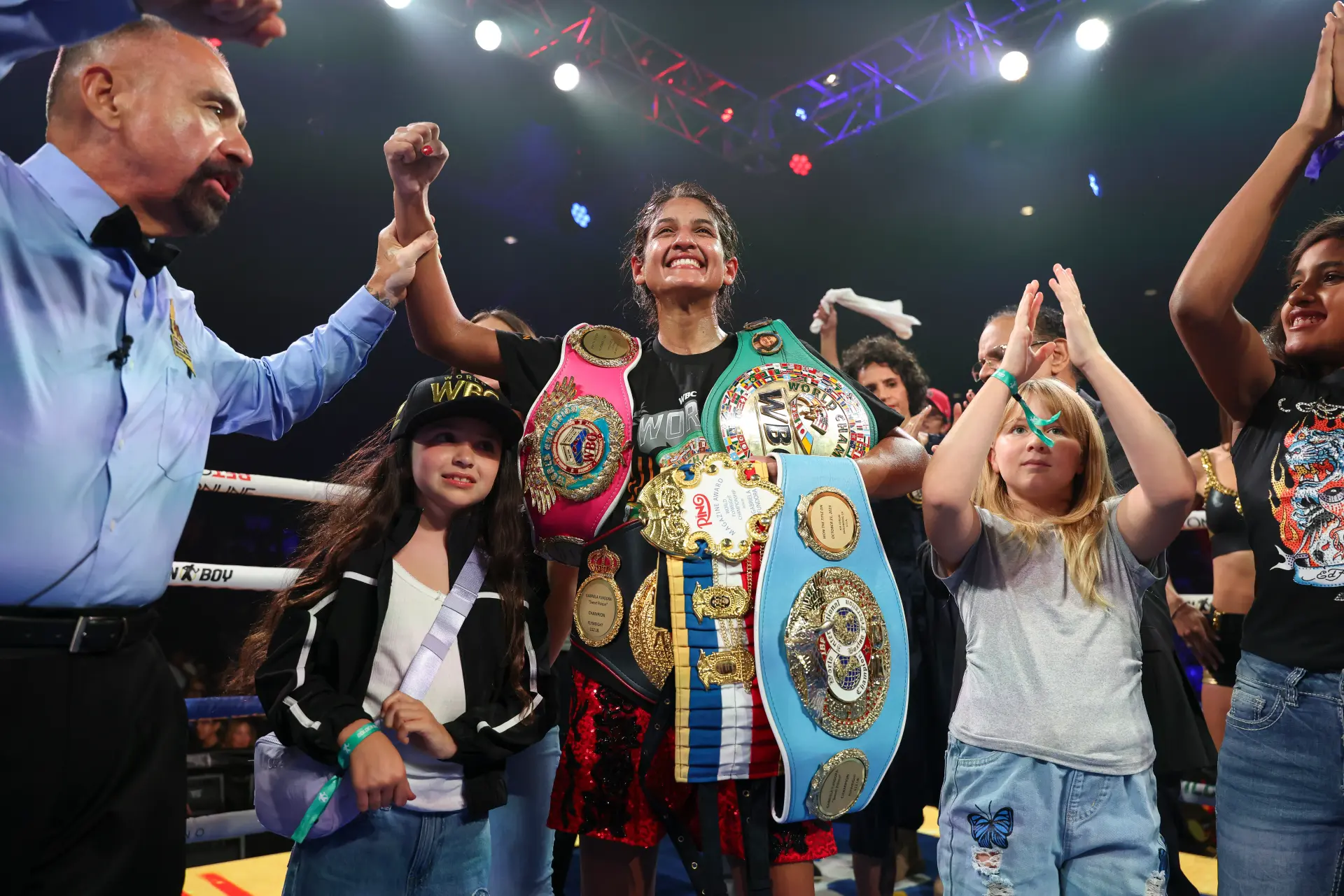 Gabriela Fundora has her arm raised in victory after a knockout win over Alexas Kubicki on September 23, 2025 in Indio, California.