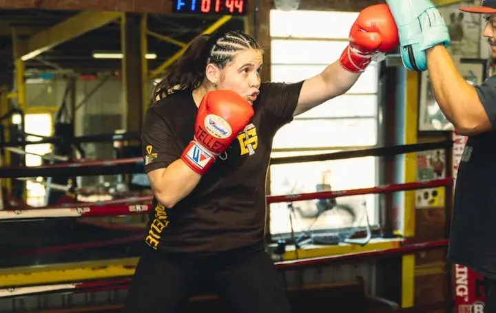 Gabriela Tellez hits the mitts during a workout on February 16, 2026.