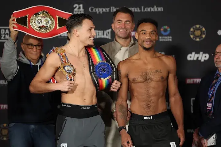 George Liddard (left) and Tyler Denny (right) face off after the weigh-in. (March 20, 2026)