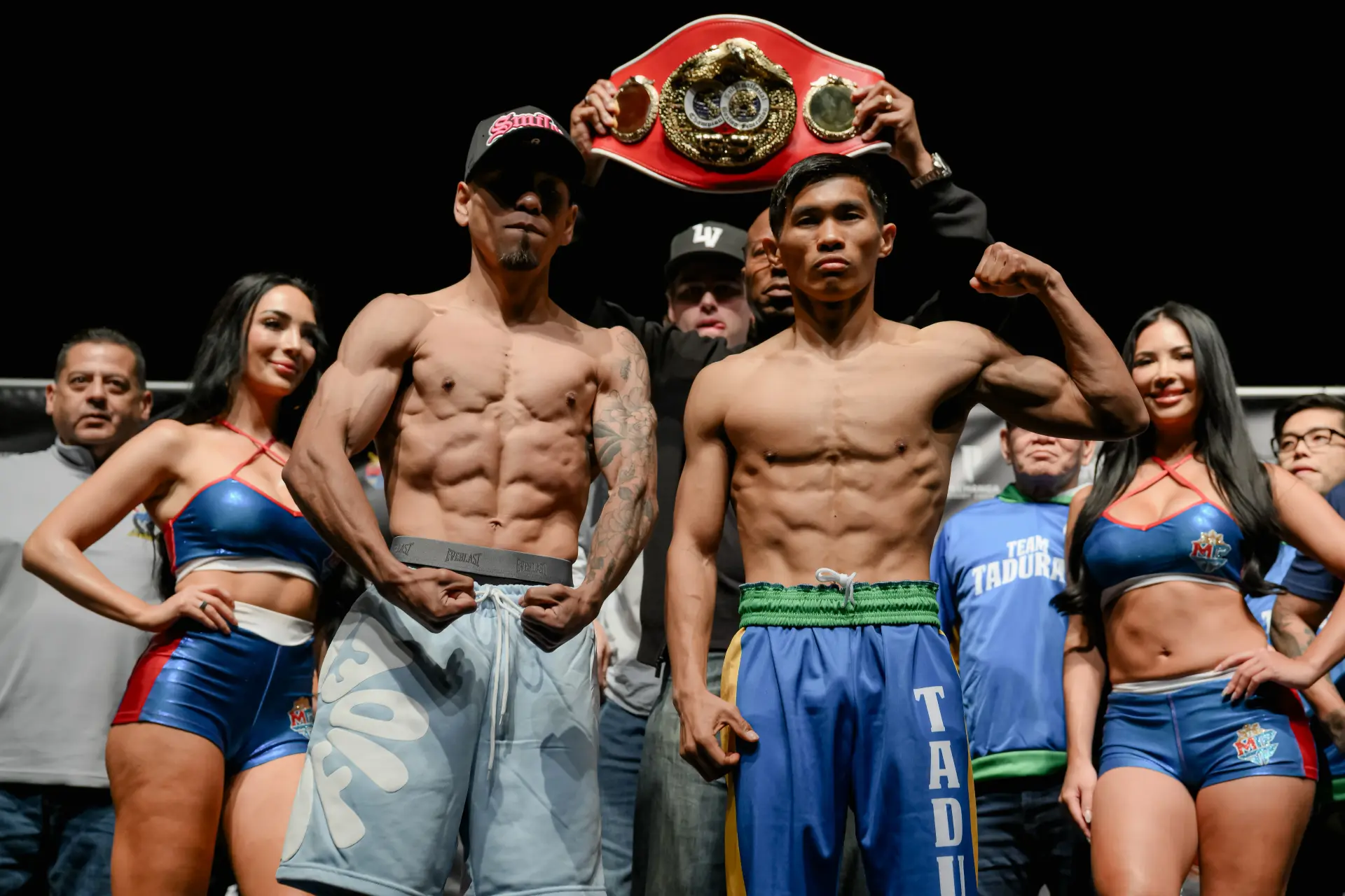 Gustavo Perez Alvarez and Pedro Taduran pose at Friday's weigh-in ahead of their strawweight title fight Saturday at Temecula, California. (April 2, 2026)