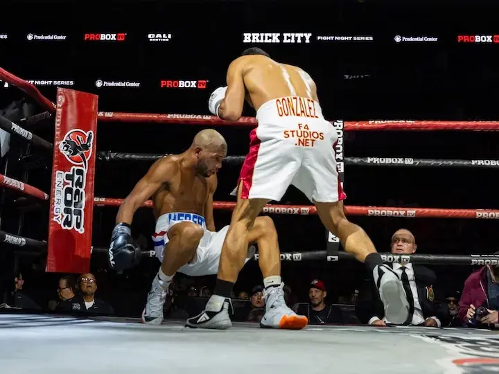 Johan Gonzalez (right) drops Hebert Conceicao at the Prudential Center in Newark, New Jersey. (April 10, 2026)