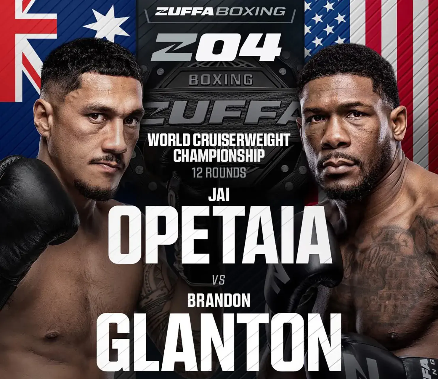 Jai Opetaia-Brandon Glanton promotional fight poster for their lineal cruiserweight championship atop Zuffa Boxing 04, set for March 8 at Meta APEX in Las Vegas