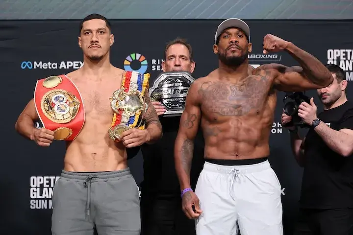 Cruiserweight champion Jai Opetaia and Brandon Glanton both made weight ahead of their Sunday clash. (March 7, 2026)