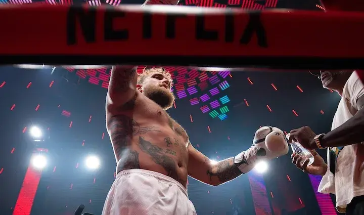 Jake Paul is pictured in the ring at a media workout on December 16, 2025, ahead of his boxing match with Anthony Joshua.