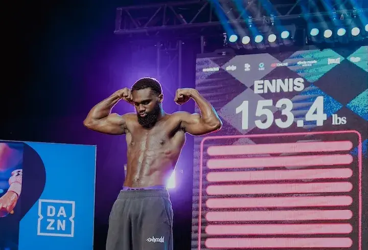 Jaron Ennis flexes after weighing in on October 10, 2025, for his boxing match with Uisma Lima.