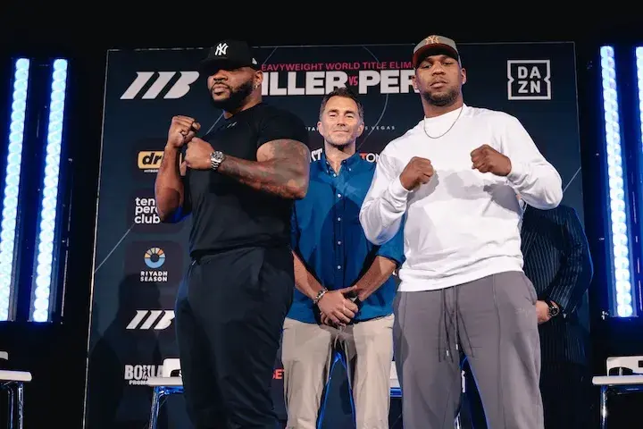 Jarrell Miller (left) and Lenier Pero (right) pose at a press conference in Florida for their upcoming main event bout. (March 19, 2026)