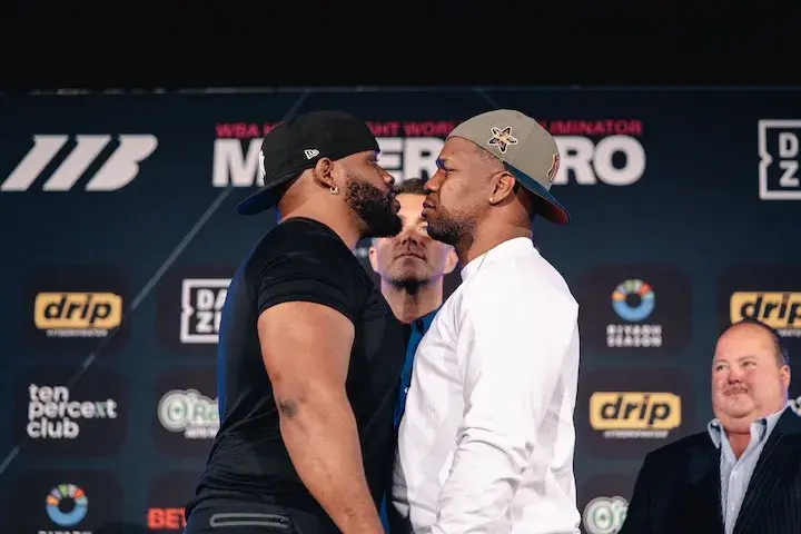 Jarrell Miller (left) and Lenier Pero (right) pose at a press conference in Florida for their upcoming main event bout. (March 19, 2026)