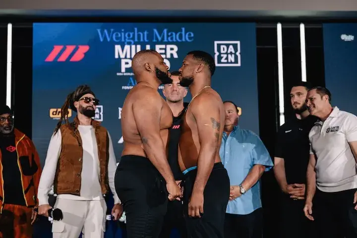Jarrell Miller and Lenier Pero face off at the weigh-in. (April 24, 2026)