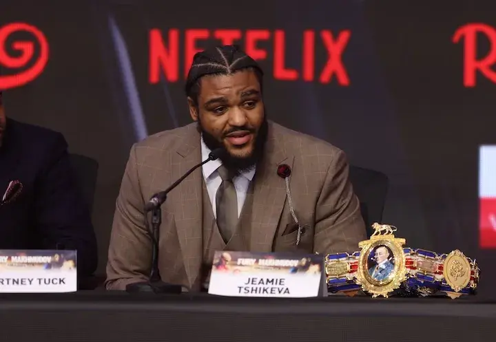 Jeamie Tshikeva at the final press conference ahead of his fight with Richard Riakporhe. (April 9, 2026)