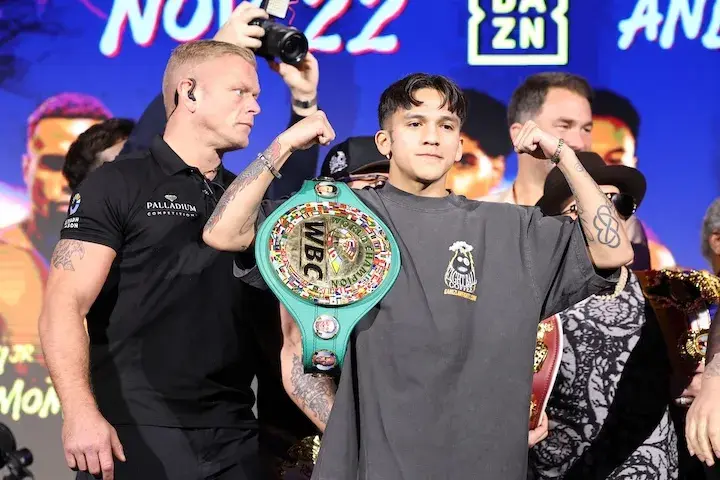 Jesse "Bam" Rodriguez makes weight ahead of his eventual knockout win over Fernando "Puma" Martinez to unify the WBA, WBC and WBO 115lbs titles in Riyadh, Saudi Arabia (November 21, 2025).