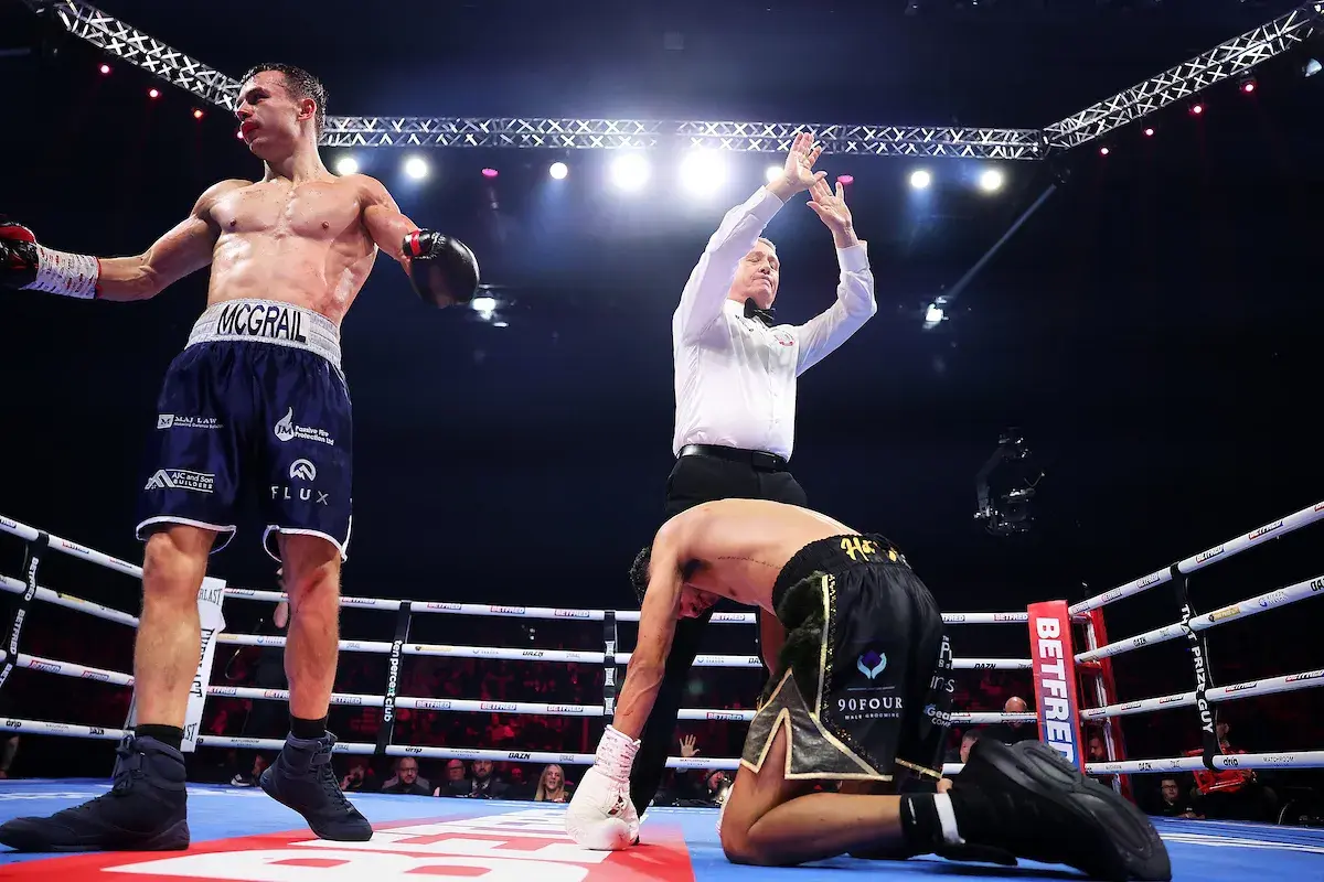 Joe McGrail celebrates after dropping Aaron Hayden for the count on April 18, 2026