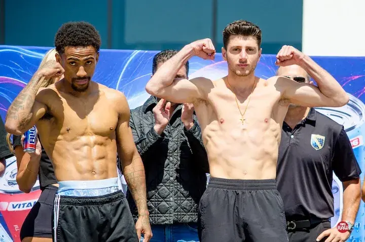 Jonny Mansour (left) and William King at the weigh-in in Oceanside, California. (April 17, 2026)