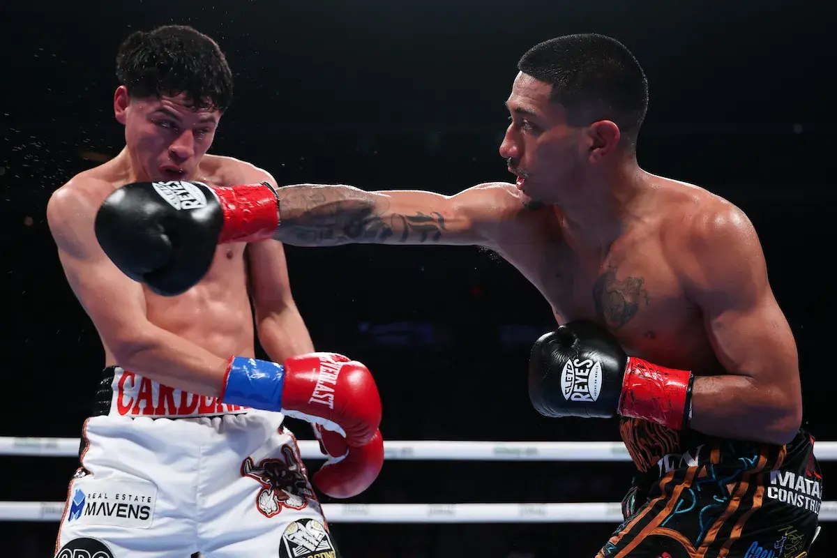 JordanMartinez lands a right hand on Arturo Cardenas en route to their 10-round split decision draw on February 28, 2026 at Desert Diamond Arena in Glendale, Arizona.