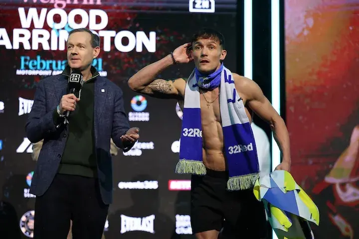 Josh Warrington at the weigh-in ahead of his rematch with Leigh Wood on February 20, 2026.