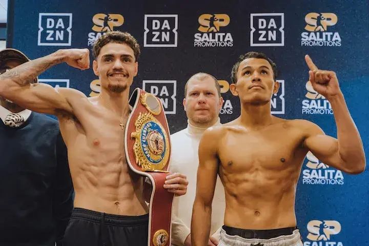 Joshua Pagan (left) and Bryan Jimenez at the weigh-in ahead of their fight. Photo taken on February 9, 2026