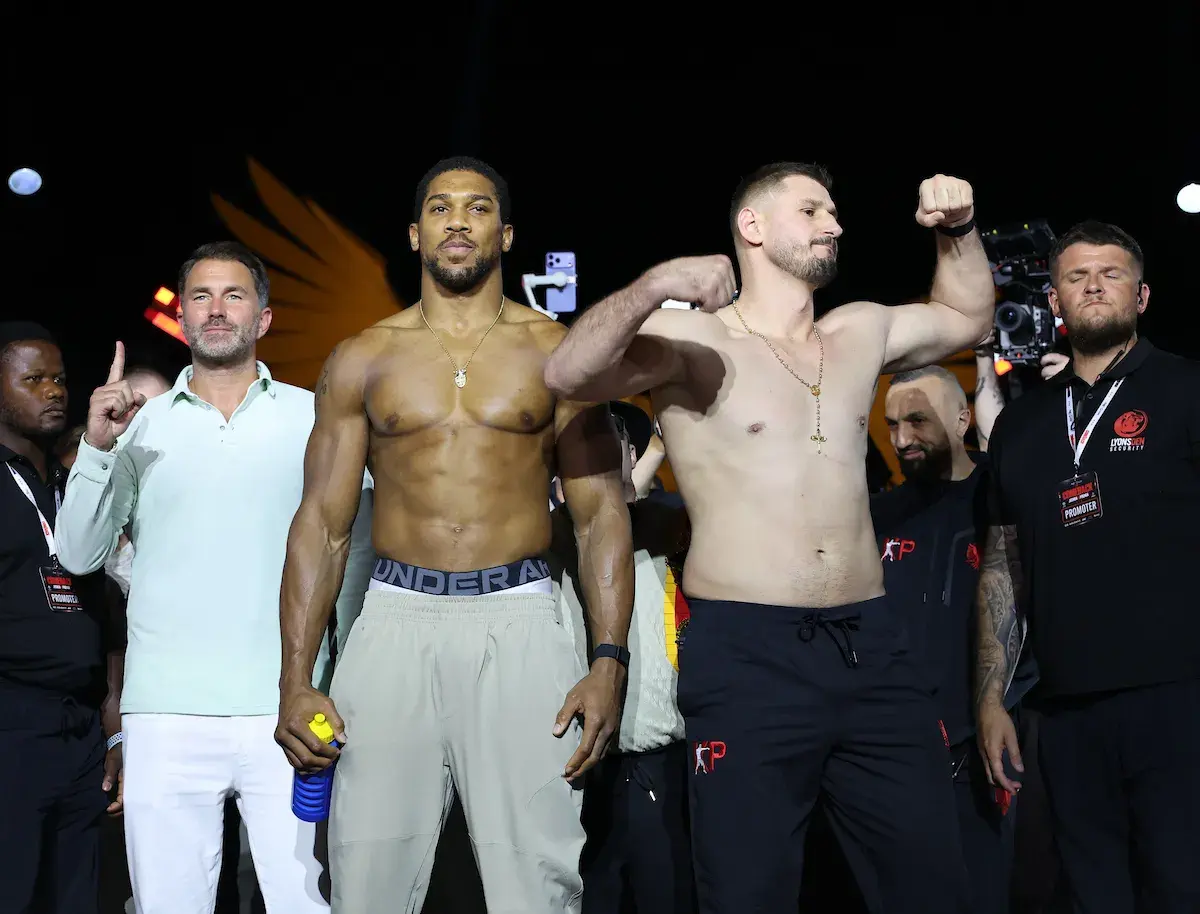 Eddie Hearn holds one finger aloft following the Anthony Joshua-Kristian Prenga weigh-in on July 24, 2026