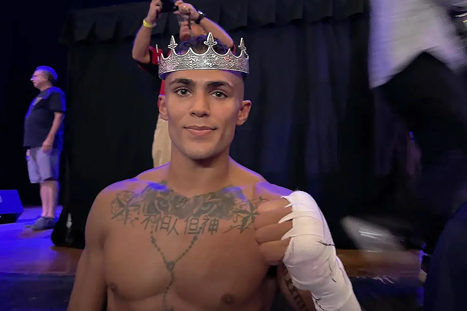 Justin Figueroa sporting a crown after a win in Atlantic City, New Jersey.