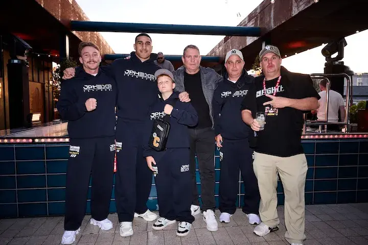 Justis Huni with his team at the launch party ahead of his fight with Frazer Clarke. (April 8, 2026)