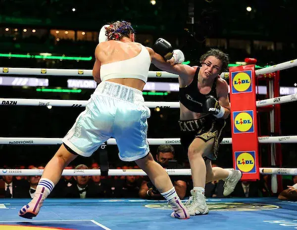 Katie Taylor and Flora Pili inside Croke Park in Dublin, Ireland