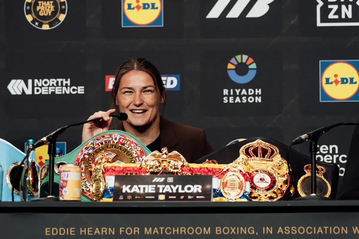 Katie Taylor shows off her belt collection at Croke Park, Dublin on June 5, 2026