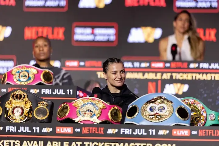 Katie Taylor at the press conference for her third fight with Amanda Serrano in July 2025.